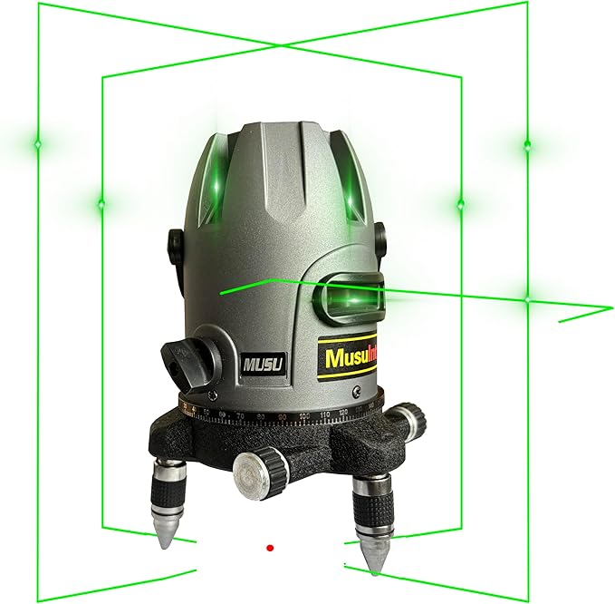 (Outdoor Laser Level) Picture Hanging Tool Green Light Lasers 5-Lines Laser Outside Leveler 360 Self Leveling Super Bright With 360° rotating base and strong light spot Digital display battery