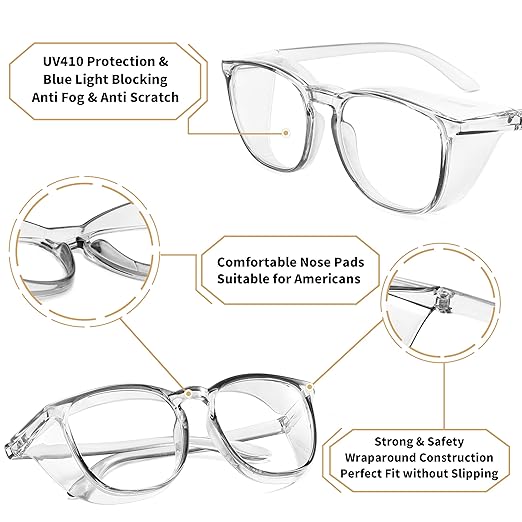 Alsenor Safety Glasses Anti Fog Goggles Protective Eyewear Blue Light Blocking Anti Dust UV Protection Glasses For Men Women (2 Pack(grey+transparent))