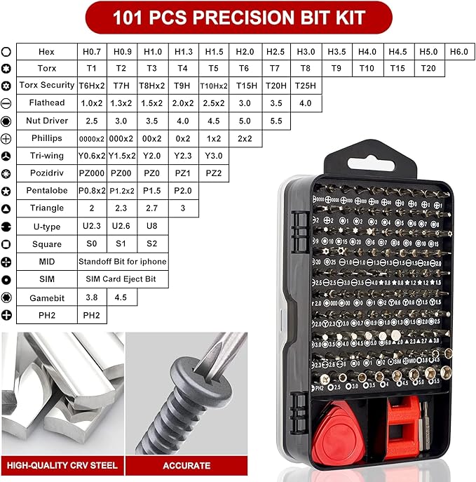 STREBITO Precision Screwdriver Set 124-Piece Electronics Tool Kit with 101 Bits Magnetic Screwdriver Set for Computer, Laptop, Cell Phone, PC, MacBook, iPhone, PS4, PS5, Xbox Repair