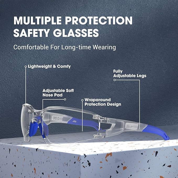 DILANCO Clear Safety Glasses Goggles, Adjustable Frames and Scratch-Resistant with No-Slip Grips Safety Glasses for Women Men