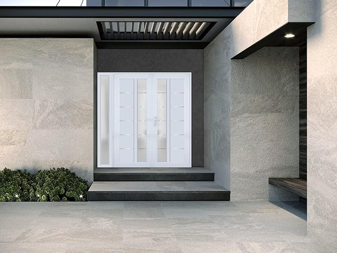 VDOMDOORS Front Exterior Prehung Metal-Plastic Double Doors/MANUX 8088 White Silk/Sidelite Exterior Window/Residential Doors Entrance Patio Garage 84 x 80