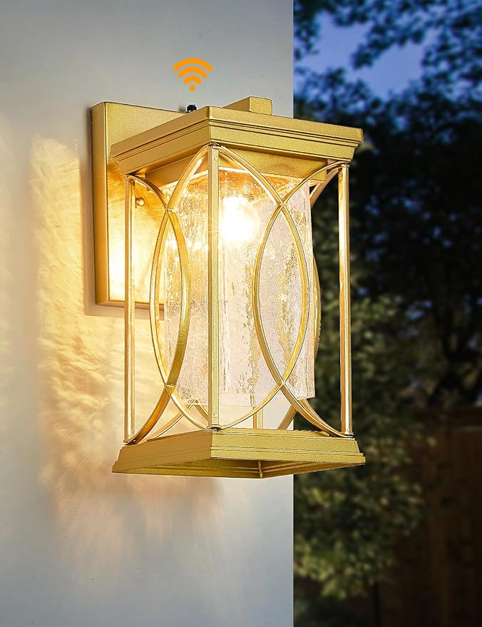 Gold OutdoorSconce Dusk to Dawn Exterior Light Fixtures Wall Mount Porch Light Modern Outdoor Wall Light Aluminum with Crack-Like Glass IP65 Waterproof Outside Coach Light for House