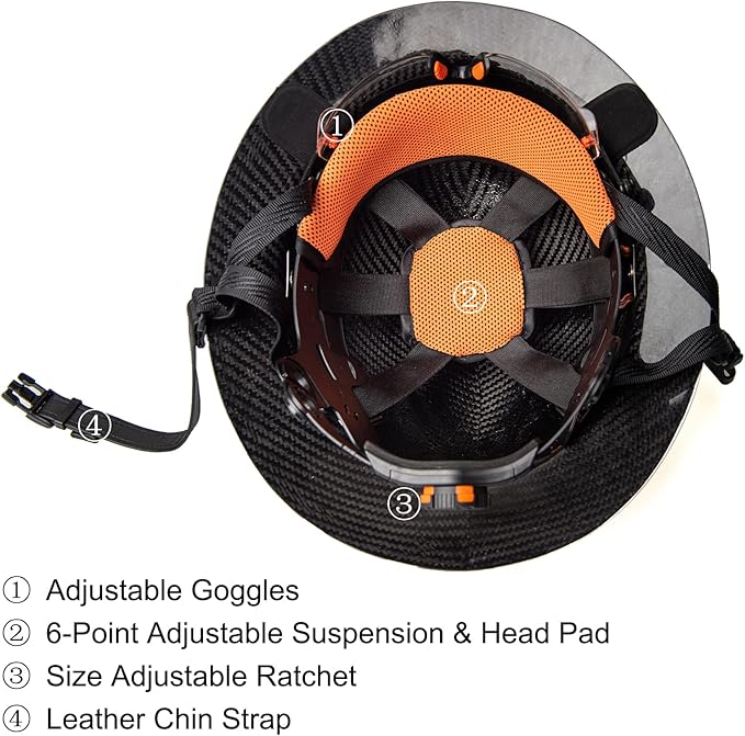 Carbon Fiber Hard Hat Full Brim with Goggles- Safety Helmet with 6-Point Adjustable Ratchet Suspension- ANSI Z89.1 Compliant