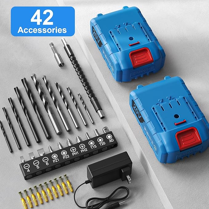 Cordless Drill, 20V Power Drill, Double 2000mAh Power Pack Electric Drills, Cordless Drills with Power Pack and Charger, 3/8" Keyless Chuck Screwdriver with 25+1 Max 370 In-lb Torque, 42Pcs Bits