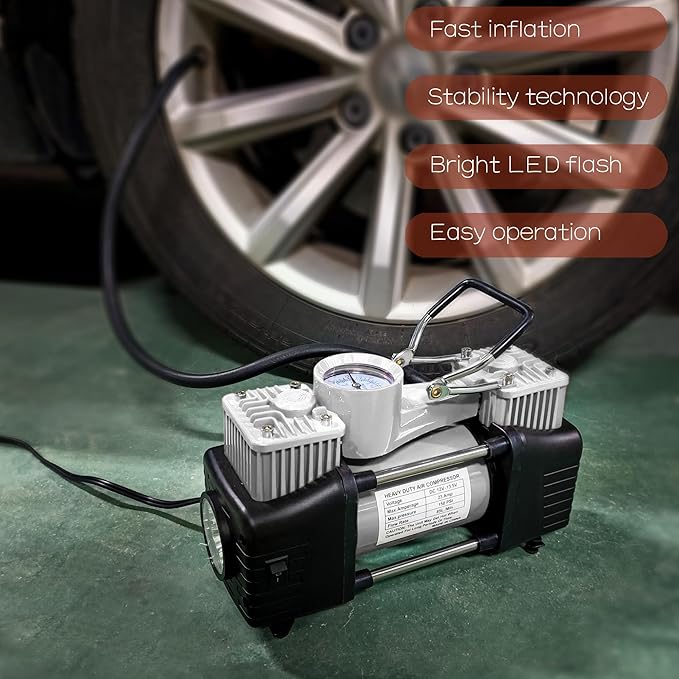 YUNGTEE Sliver Tire Inflator Heavy Duty Double Cylinders Direct Drive Inflation Pump,12V Portable Air Compressor Pump with Emergency LED Light - 150PSI Tire Pump,Apply to Car,Suv,RV