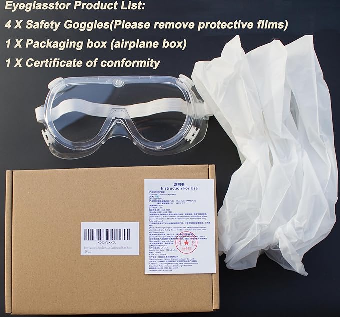 4 Pack Protective Safety Goggle for lab chemistry soft lightweight goggles over prescription glasses Anti-Splash worker construction Eye protection Science Onion Cutting and More White