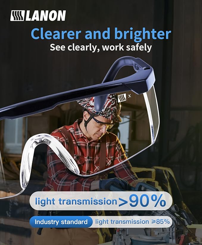LANON Anti-Fog Safety Goggles with Ajustable Temples, 2.5 Times ANSI Z87.1 Double-sided Antifog, Side Protection, High Transmission, Lightweight & Comfortable Safety Glasses.