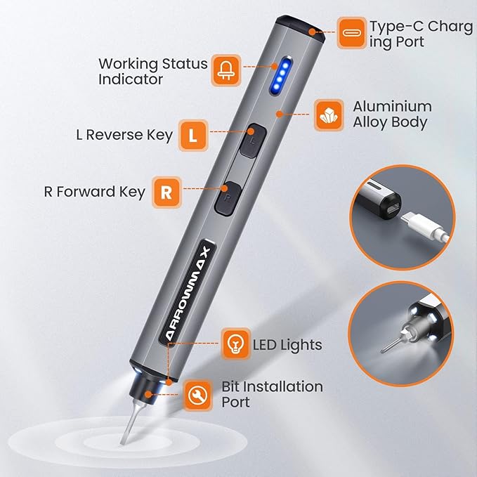 AM ARROWMAX Mini Electric Screwdriver, Precision Screwdriver Set w/ 28 Magnetic Bits, Red Dot, IF Winning Design, Rechargeable Cordless Screwdriver for Phone, Laptop, Watch, RC(SES MINI) Grey
