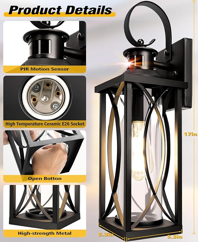 DBF 2 Pack Dusk to Dawn Motion Sensor Outdoor Lights 17.5 Inch, 3 Lighting Mode Exterior Light Fixtures Porch Lights Outdoor Wall Sconces Waterproof Anti-Rust, Black Wall Lanterns for House Front Door