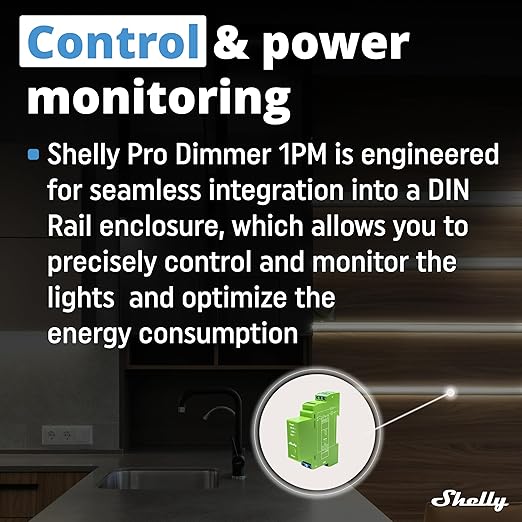 Shelly Pro Dimmer 1PM | Wi-Fi & LAN 1-Channel Smart Dimmer with Power Metering | Home Automation | Bluetooth Gateway | DIN Rail | Compatible with Alexa & Google Home | Dimmable Lights
