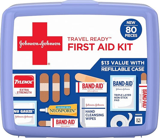 Band-Aid Travel Ready Portable Emergency First Aid Kit for Minor Wound Care with Assorted Adhesive Bandages, Gauze Pads & More, Ideal for Travel, Car & On-The-Go, 80 pc