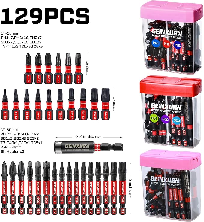 129 Pcs Impact Screwdriver Bits Set Phillips/Square/Torx with Impact Bit Holder and Colorful Boxes,Magnetic S2 Steel Multi Driver Bits Set