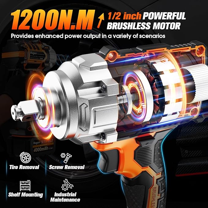 1/2 inch Cordless Impact Wrench, 900Ft-lbs (1200N.m) High Torque Brushless Impact Gun,3800RPM,2x4000mAh Battery, 6 Sockets,LED Light,Electric Impact Motor Variable Speeds for Car/Mower/Pickup