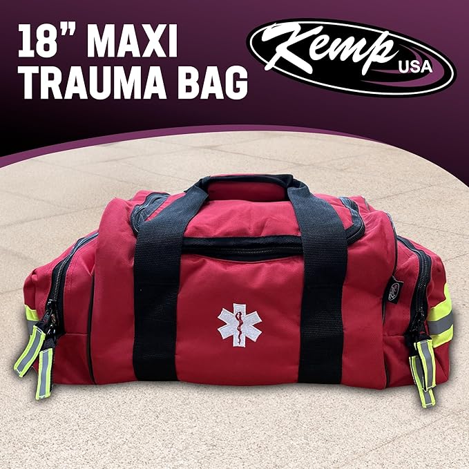 Kemp USA Maxi Trauma Bag - Large First Aid Kit for EMT First Responders - Water Resistant 600D Nylon - Buckle Closure with Adjustable Strap & Reflective Trim - Red