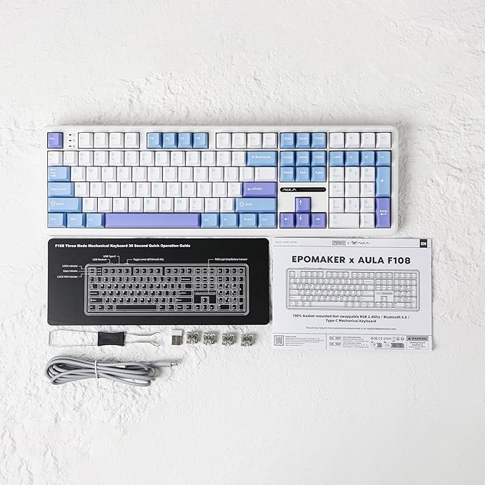 EPOMAKER Aula F108 Wireless Gaming Keyboard, Full Size Mechanical Keyboard with 4000mAh Battery, 108 Hot-Swappable and Programmable Keys, RGB Backlight, for Mac/PC/Android (White&Blue)