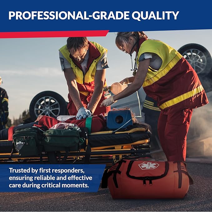 Fully Stocked Trauma First Aid Kit – First Responder II Bag with Tools, Gauze, Bandages, Scissors & Gloves – Compact & Portable – OSHA and ANSI Compliant – Orange