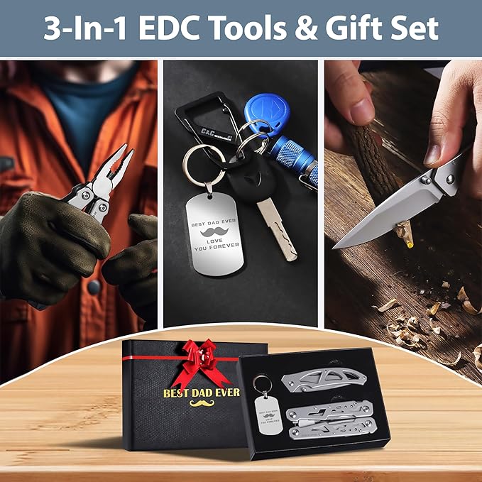 Multitools Gift Set “BEST DAD EVER”, Gifts for Father 14-in-1 Multi-tool Pliers & Pocket Knife Set with Keychain Tag, 3-Piece EDC Kit for Camping - Premium Gifting Box for Birthday, Father’s Day