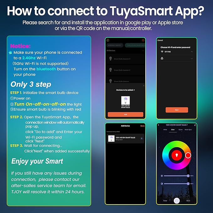 TJOY 6 Pack Smart LED Light Bulbs, Tuya APP, WiFi Bulbs Work with Alexa&Google Home, RGB Color Changing Light Bulb, Music Sync, A19 E26 Base, 9W(60W Equivalent),800LM, 2700-6500K(2.4Ghz Only)