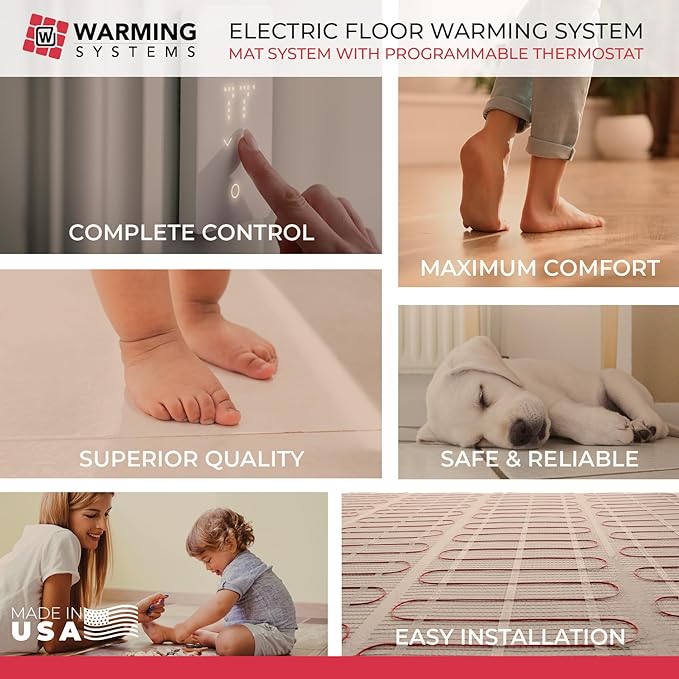 10 Sqft 120V Electric Radiant Floor Heating Mat – Includes Heating Mat, Programmable Thermostat, 2 Floor Sensors, Installation Monitor and Under Tile Heater