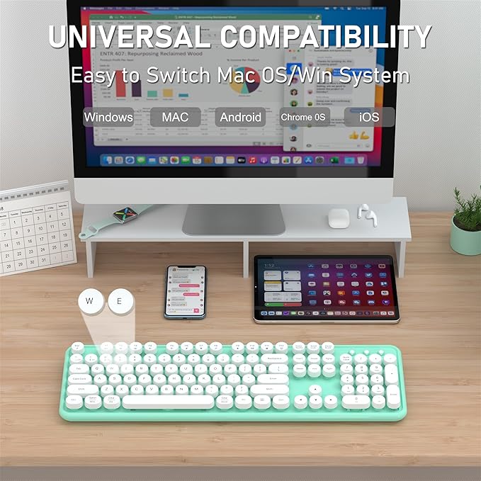Colorful Wireless Bluetooth Keyboard, 2.4G & Dual Bluetooth Multi-Device, Typewriter Retro Round Keycaps 104 Keys Full-Size for PC Laptop Tablet Phone (White Dark-Green)