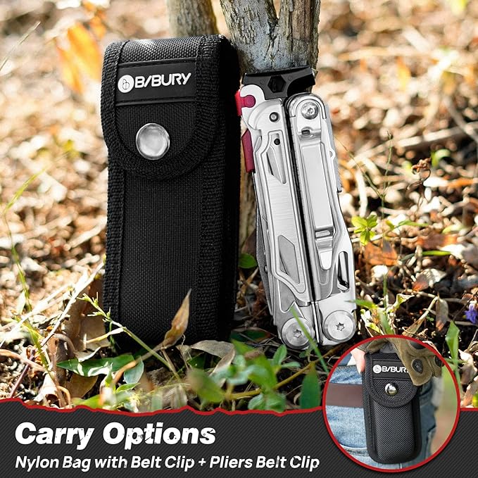 BIBURY Multitool Pliers BI2038B, 22-in-1 Stainless Steel Multi Tool with Flint, Window Breaker, Scissors, Back Clip, Folding Pocket Multifunctional Self-locking EDC Tool for Survival Camping Hiking