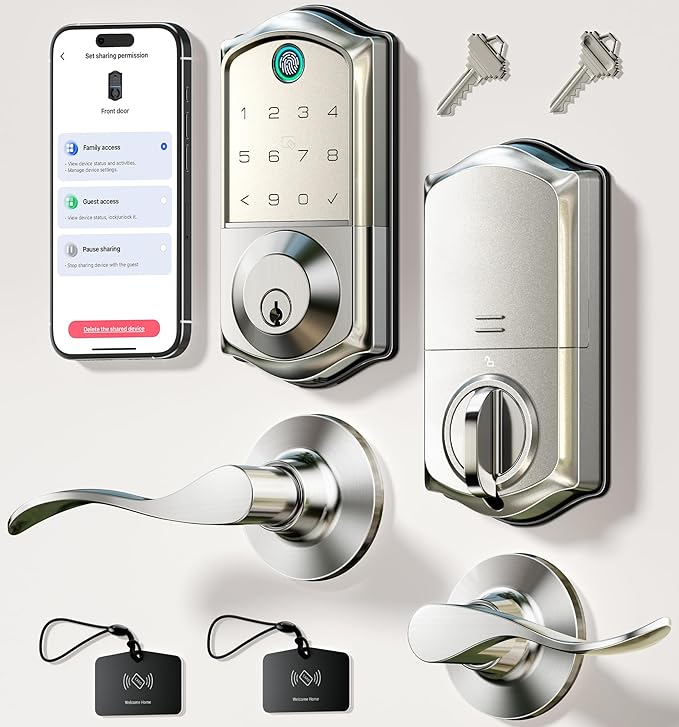 Veise VE017-L Fingerprint Smart Lock with 2 Lever Handles, Keyless Entry Front Door Lock Set, App Control, Electronic Digital Keypad Deadbolt, Easy Installation, Emergency Power Port, Satin Nickel