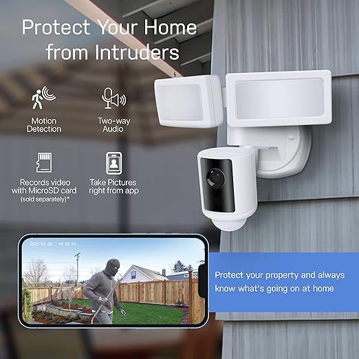 Feit Electric SEC3000/CAM/WIFI Outdoor LED Smart Security Camera with Motion Sensor, 2-Way Audio, 39-Watt Floodlight, Works with Alexa and Google Asst, Alarm, Hardwired, 128 GB Micro SD Card Storage