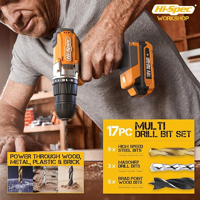 Hi-Spec 58pc 18V Electric Cordless Power Drill Driver. Includes Rechargeable Battery, Power Screwdriver Bits, Wood, Metal, and Masonry Drill Bit Set Accessories. In a Compact Case