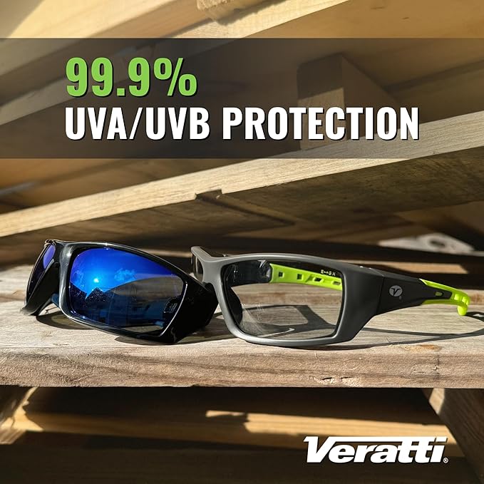 Veratti Spectrum Safety Glasses, Polarized Blue Mirror Lens, ANSI Z87.1 Certified, Anti-Fog, Black/Blue Frame