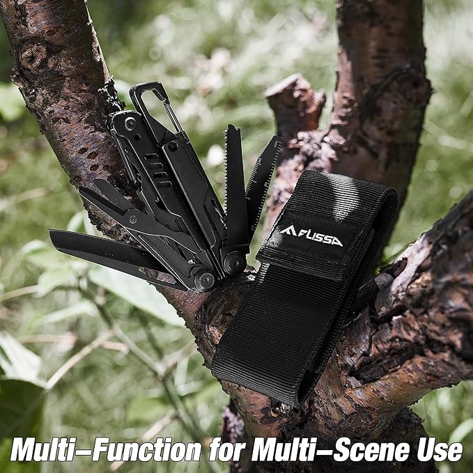 FLISSA 15-in-1 Multi-tool Pliers with Sheath, Portable Pocket Knife with Safety Locking System, Belt Clip and Sheath for Outdoors, Survival, Camping, Fishing, Hunting