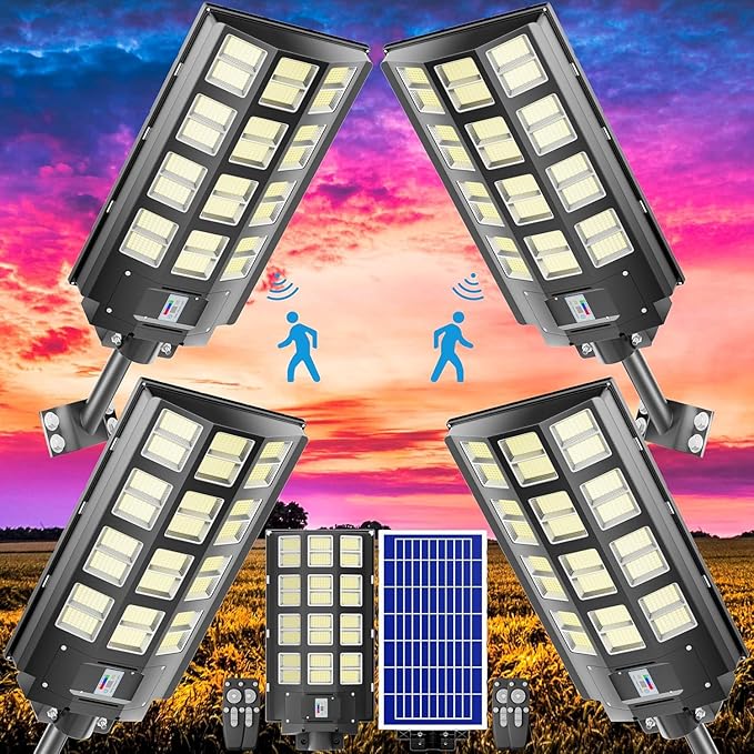 4-Pack 8000W,240000LM Solar Street Light,Wide Angle Lamp, Waterproof IP67,with Remote Control & Motion Sensor,The Ultimate Lighting Solution for Parking Lots and Beyond