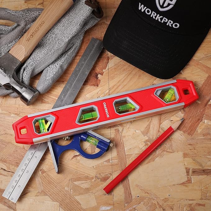 WORKPRO 12 Inch Torpedo Level, Magnetic Small Leveler Tool, Plumbing Level with Pitch Vial, Aluminum Reinforced, 4 Bubbles, V-Groove for Conduit Bending