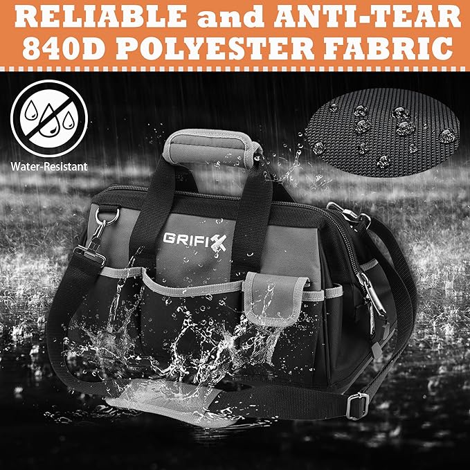 16-inch Tool Bag, Portable Tool Box Organizer Storage, Wide Mouth Tool Tote Bag with Large Zipper, 17-Pocket Adjustable Shoulder Strap and Ergonomic Handle (16" Molded Base)