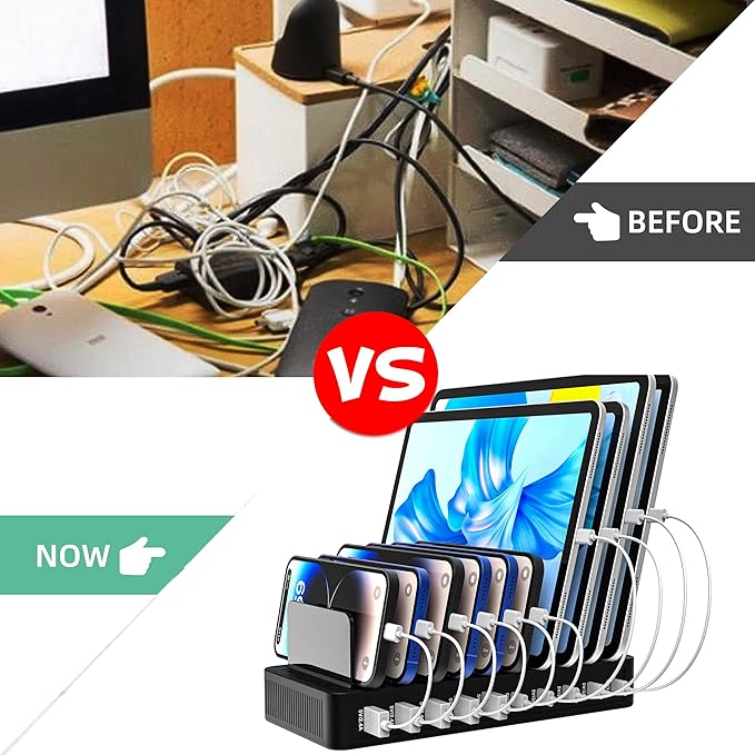 100W 10-Port Smart Charging Station | 5 USB-A & 5 USB-C Ports | Organized Design for Cellphones, Tablets, Watches & More (Black)