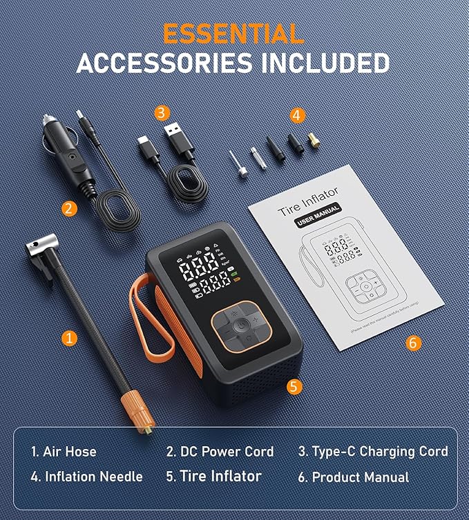 Tire Inflator Portable Air Compressor, 180PSI & 15000mAh Cordless Air Pump for Car Tires with Pressure Gauge, 3X Faster Tire Pump with Cigarette Lighter Plug for Car, Motorcycle, Bicycle, Ball(Black)