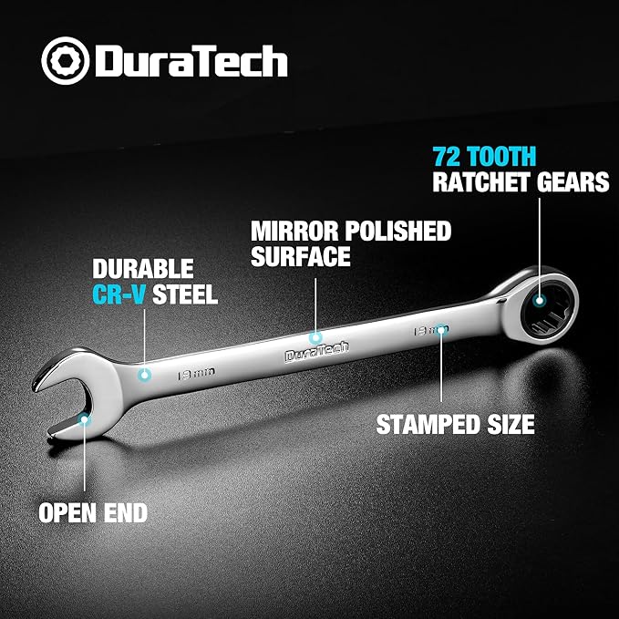 DURATECH 18mm Ratcheting Combination Wrench, SAE, 72-Tooth, 12-Point, CR-V Constructed with Mirror Polish