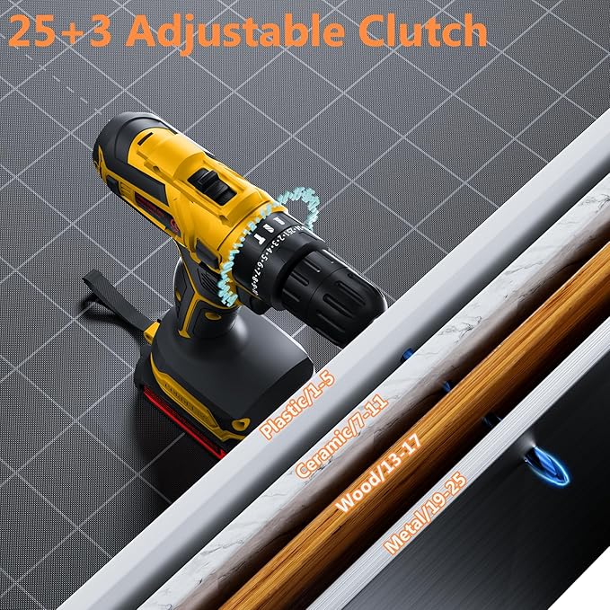 Cordless Drill with 2 Batteries and Charger, 21V Electric Drill Cordless, Portable Power drill Set, 3/8" Keyless Chuck, 2 Variable Speed, 25+ 3 Clutch, 398 In-lb Max Torque