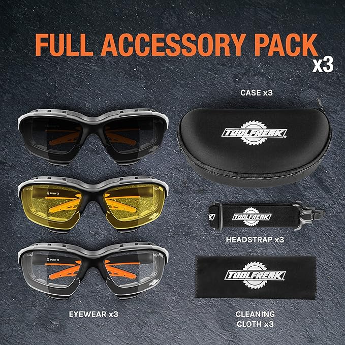 ToolFreak Spoggles Safety Glasses, Clear, Smoke and Yellow Tinted Polycarbonate Lens Mega Bundle Offer, Foam Padded, ANSI z87 Rated with Impact and UV Rating