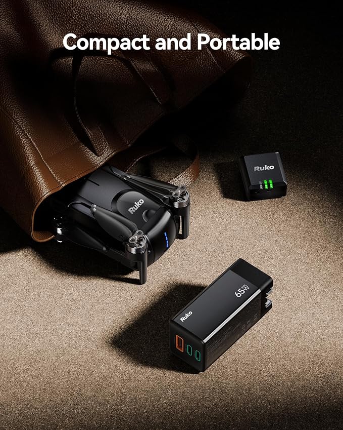 Ruko PD65W USB C Charger, 3-Port GaN Fast Charger Block, Compact Foldable Wall Charger for iPhone 16/15, MacBook Pro/Air, Galaxy S24, Pixel, Drone, Switch and More, Black