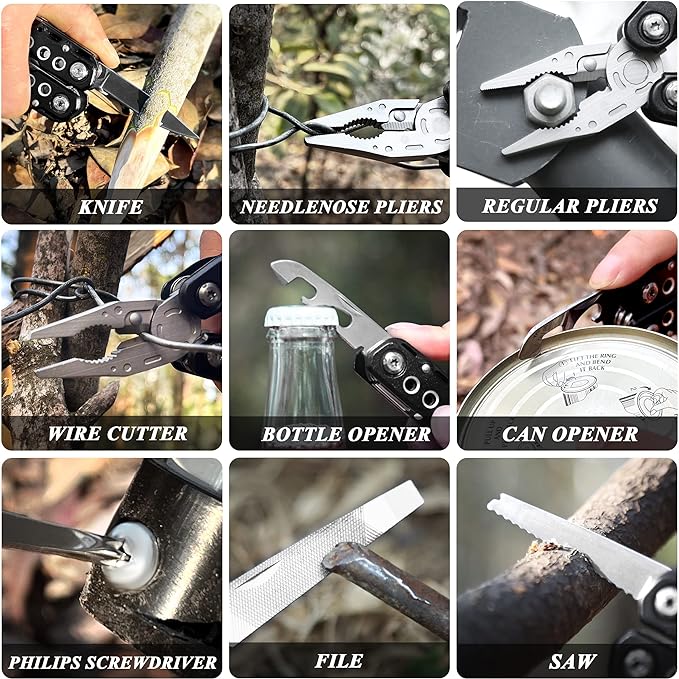 RoverTac Multitool Pliers Pocket Knife, 14 in 1 Multi Tool Knife Pliers Saw Bottle Opener Safety Lock Nylon Sheath, Camping Hiking Gear Multitool for Camping Survival Hiking DIY, Gifts for Men Dad