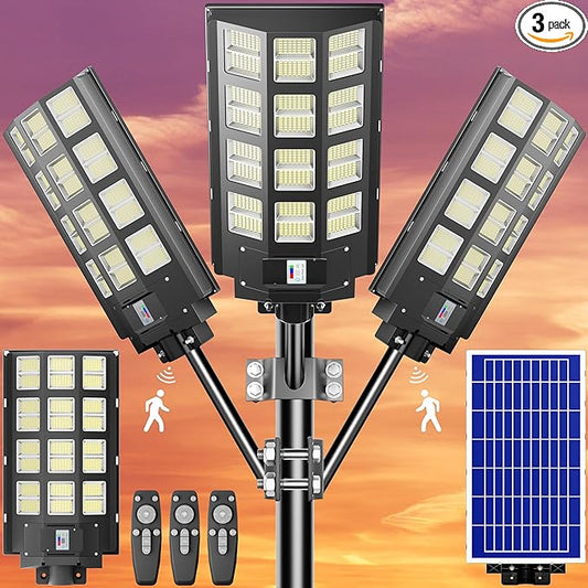 3-Pack Solar Parking Lot Light - 8000W Solar Street Light 360000LM Dusk to Dawn Street Lights Solar Powered, IP67 Waterproof Solar Wide Angle Lamp with Motion Sensor for Yard, Road