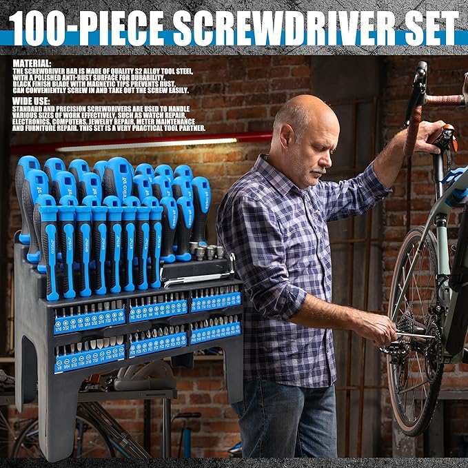 100-Piece Magnetic Screwdriver Set with Plastic Rack, Includes Slotted/Phillips/Torx Precision Drivers, Non-Slip Rubber Handles, Multi-Purpose Hand Tools, Ideal Gift for Handymen & DIY Enthusiasts