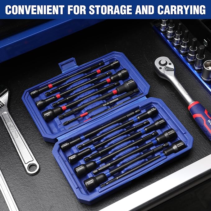 WORKPRO 16-Piece Magnetic Nut Driver Set and Bit, 6" Long Nut Drivers, Metric & SAE Nut Drivers for Impact Drill, Long Shank Nut Driver Bits, 1/4"Hex Shank, Long Power Bits, PH2, with Sturdy Tool Box