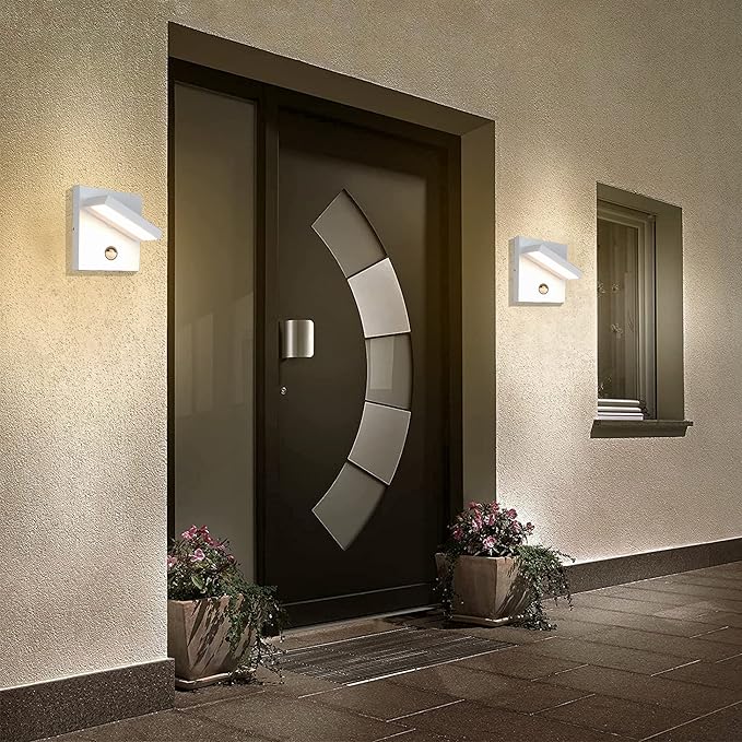 Lustrlach 2 Pack Motion Sensor Wall Light Outdoor White LED Modern Exterior Porch Light Fixture IP54 Waterproof Wall Sconce for House Garage Patio,3000K Warm White