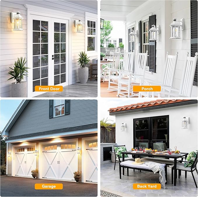 VIANIS White Motion Sensor Exterior Wall Light Lantern, Modern Dusk to Dawn Outdoor Porch Light Fixtures Wall Mount, Waterproof Outdoor Wall Sconce for Garage Entrance with Tempered Water-Ripple Glass