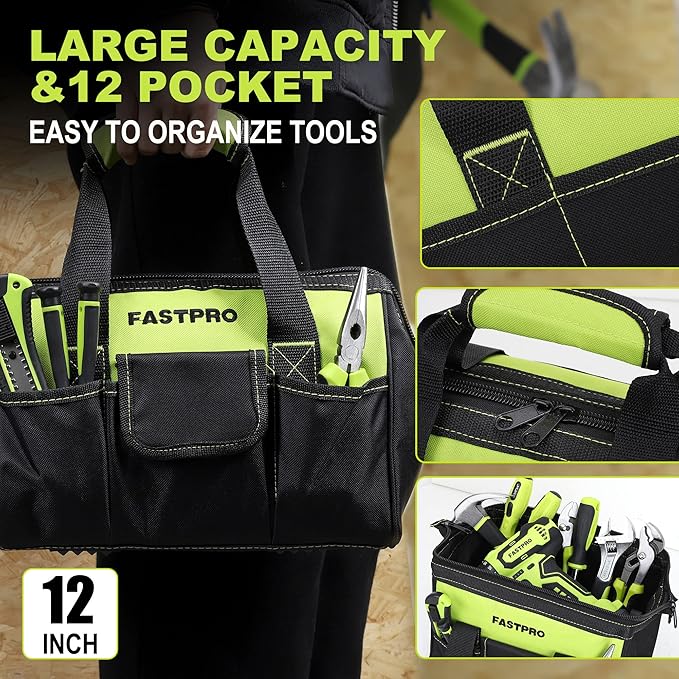 FASTPRO 232-Piece 20V Cordless Lithium-Ion Drill Driver & Home Tool Set, Household Repairing Tool Kit with Drill, 12-Inch Wide Mouth Storage Tool Bag, Green