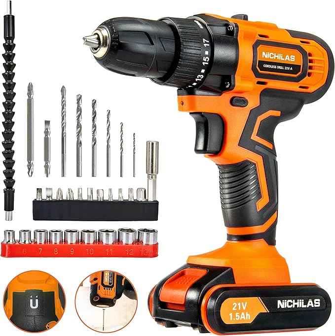 Cordless Drill, 21V Power Screwdriver 2 Variable Speed 3/8” Keyless Chuck, 1500mAh Battery and Charger for assembling, repairing and DIY
