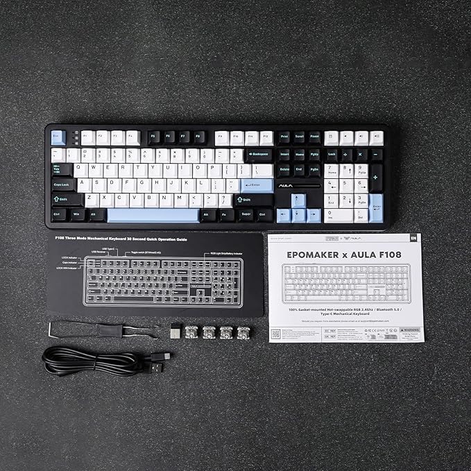 EPOMAKER Aula F108 Wireless Gaming Keyboard, Full Size Mechanical Keyboard with 4000mAh Battery, 108 Hot-Swappable and Programmable Keys, RGB Backlight, for Mac/PC/Android (Blue&White&Black)