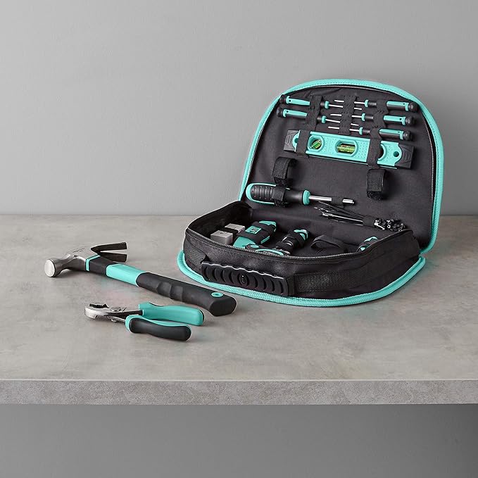 Amazon Basics Tool Set With Easy Carrying Round Pouch, 104-Piece, Turquoise, 14.4 x 11.4 x 3 inches