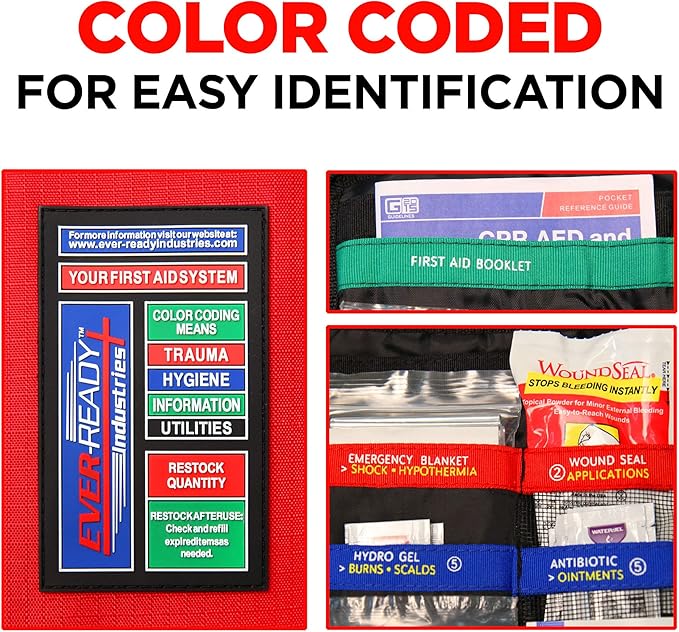 Ever-Ready Industries Outdoor Protection and Workplace First Aid Kit - Emergency Medical and Trauma Kit- Color Coded, Essential Trauma Items, Durable and Portable - 196 Pieces